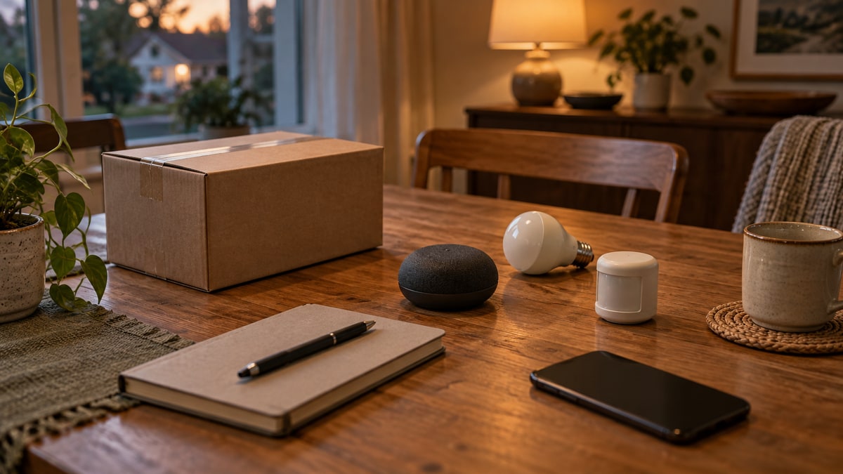 An unopened box, notebook, phone, and unbranded smart-home devices arranged on a suburban dining table before setup.