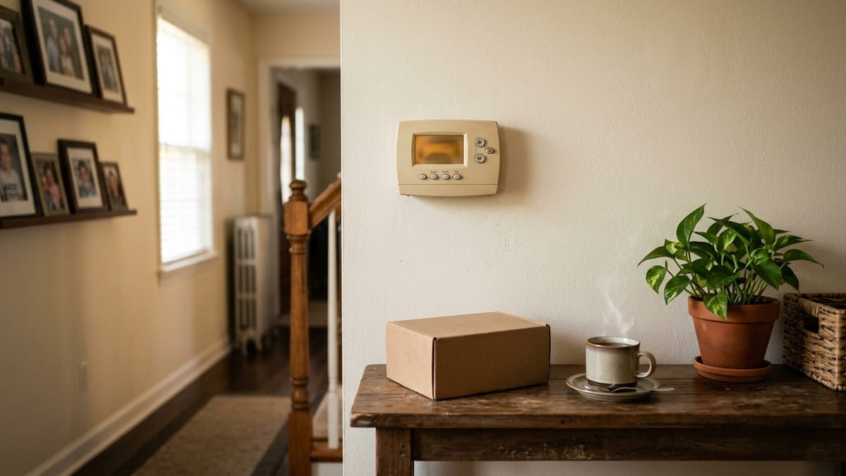 An older programmable thermostat on a hallway wall above a console table with an unopened box and a cup of tea.