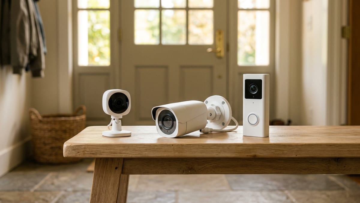An indoor camera, an outdoor bullet camera, and a video doorbell side by side on a wooden entryway bench.