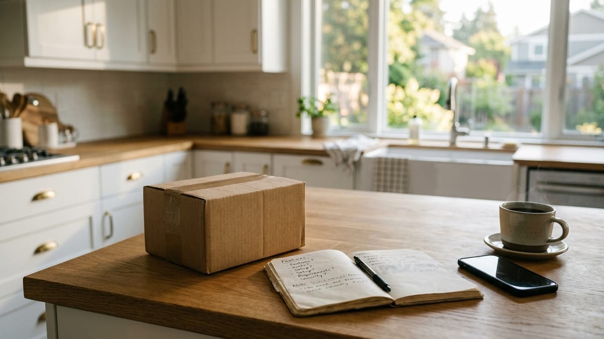 A small unopened box, an open notebook of handwritten questions, a phone, and a cup of coffee on a kitchen island before buying a first smart-home device.