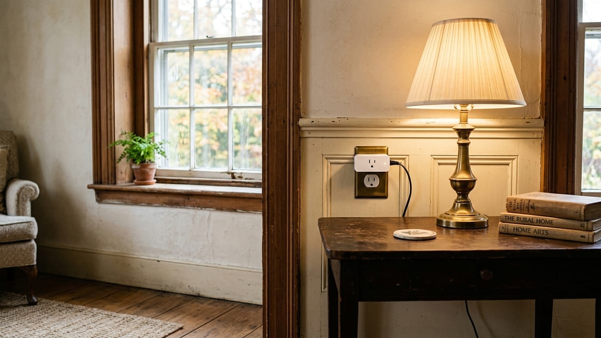 A vintage two-prong-style outlet replaced with a standard outlet holding a smart plug, powering a classic table lamp in a room with original wood trim.