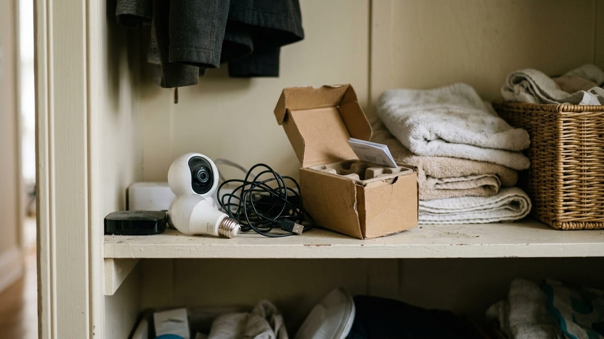 A small indoor camera, a smart bulb, a tangle of cables, and an opened device box set aside on a hall closet shelf.