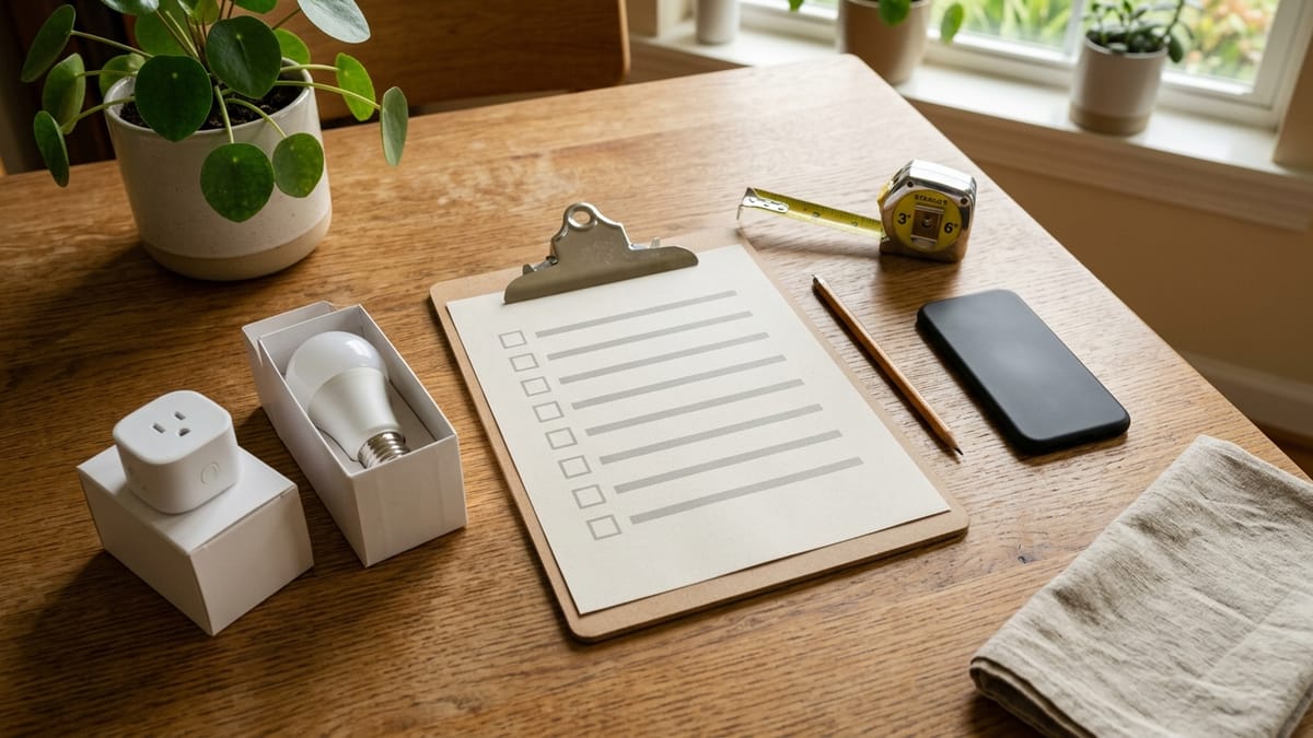 A clipboard checklist, pencil, tape measure, smart plug, boxed smart bulb, and phone laid out on a dining table for first-time setup planning.