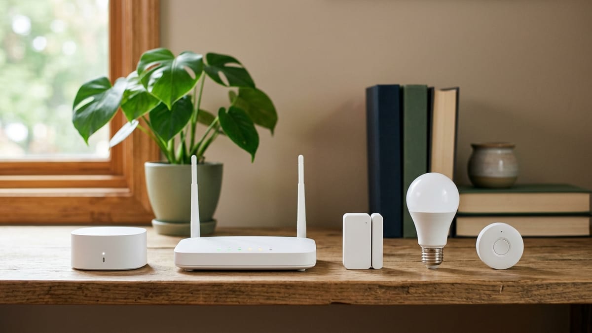 A small hub, a Wi-Fi router, a door contact sensor, a smart bulb, and a button remote lined up on a wooden shelf for comparison.