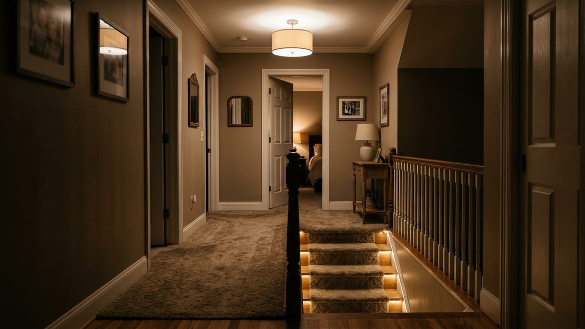 A softly lit upstairs hallway at night with a dimmed ceiling light and low step lighting along the stairs.