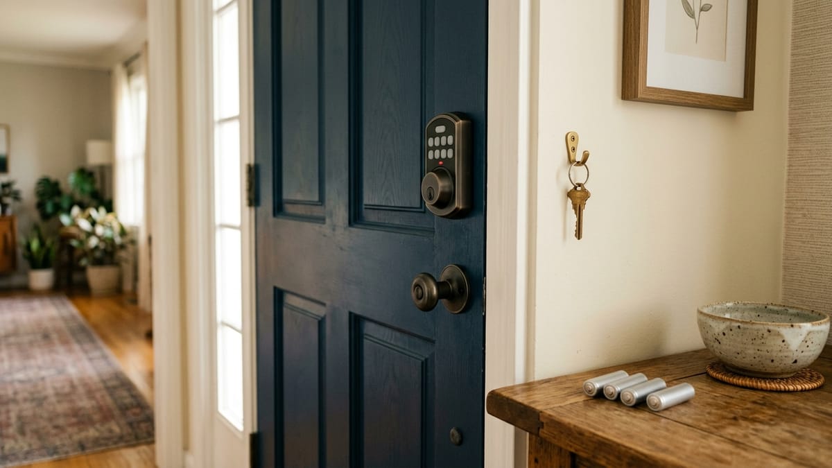 A smart deadbolt on the inside of a front door with a traditional backup key hanging nearby and spare AA batteries resting on an entry table.