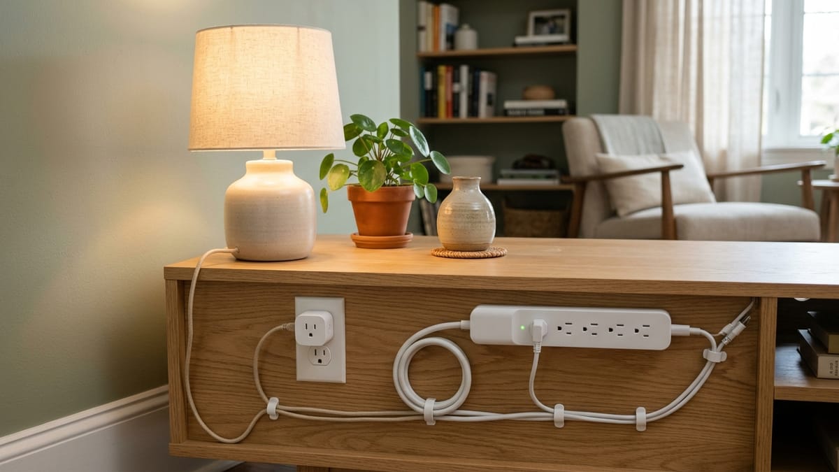 A single smart plug in a wall outlet next to a neatly arranged smart power strip on a media console in a living room.