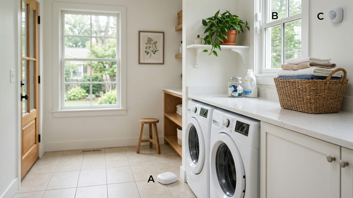 A small white leak sensor on the floor, a contact sensor on a window frame, and a motion sensor high in the corner of a clean suburban laundry room.