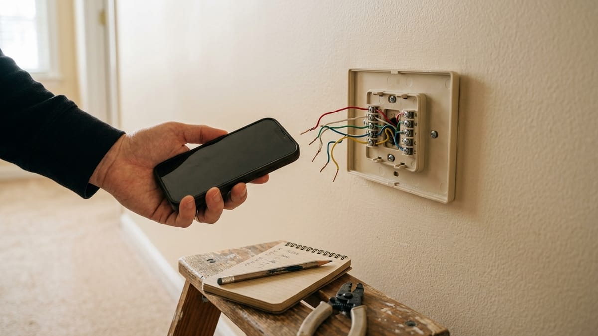 A homeowner holding a phone beside an exposed thermostat wall plate with labeled low-voltage wires, with a notebook and pencil ready on a step stool.