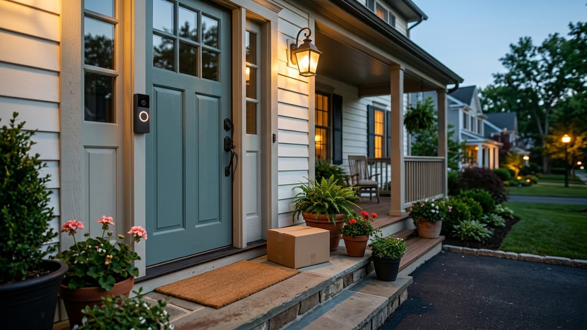 A video doorbell beside the front door of a suburban home at dusk, with the porch light on and a package waiting on the step.