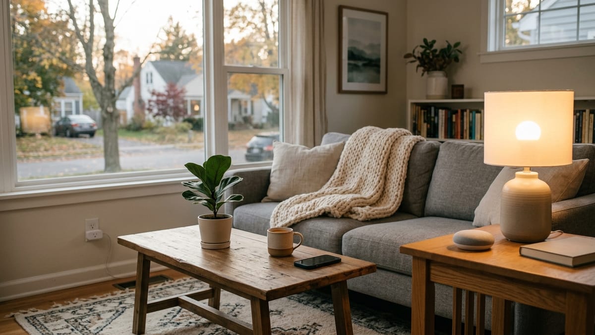 A cozy suburban living room at dusk with a warm table lamp, a small speaker on a side table, a smart plug in the wall outlet, and a phone on the coffee table.